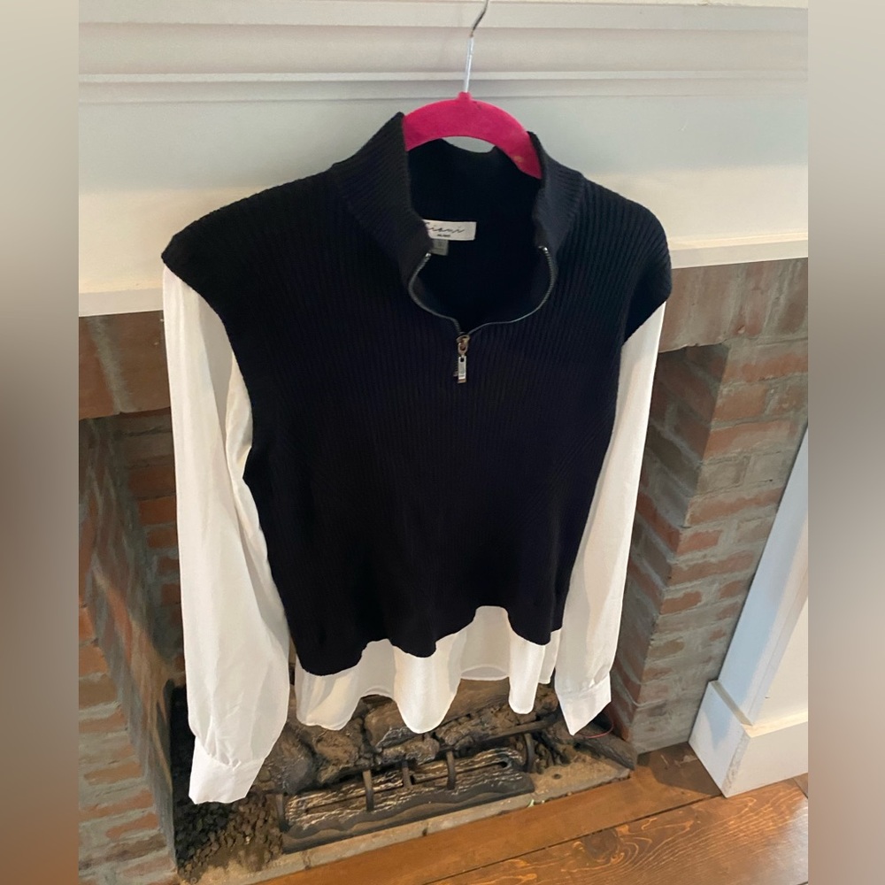 Sioni Milano Black & White Mixed Media Vest Over White Long Sleeves Zip Small
